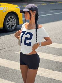 Jouncy Women's Number Print Off-Shoulder Round Neck Short Sleeve T-Shirt, Summer