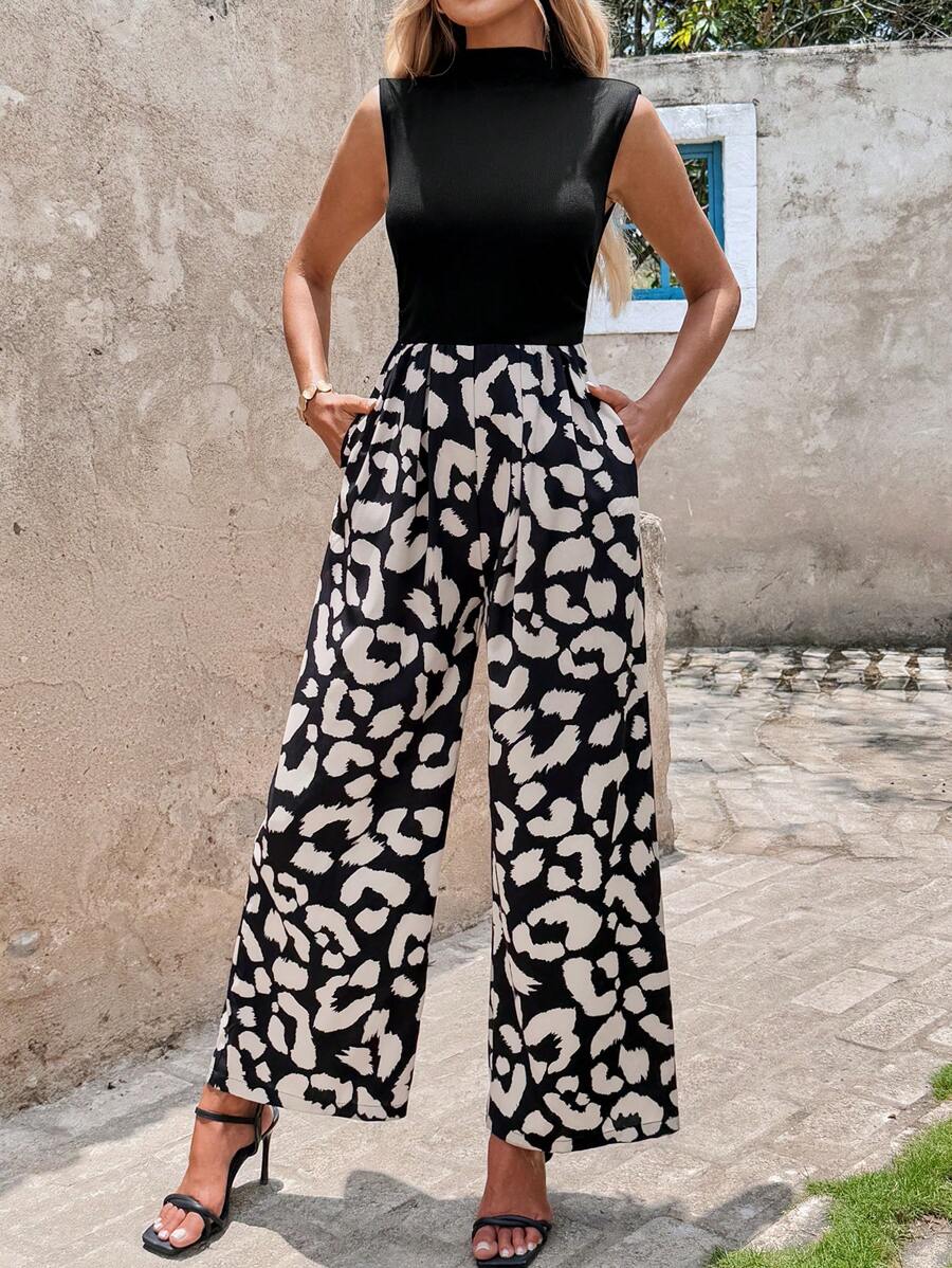 SHEIN Clasi Mono de pierna ancha con estampado de leopardo, de punto sin mangas, con hombros acolchados y acanalados, de cintura ceñida y estilizadora, elegante para uso diario y vacaciones, para primavera/verano - Multicolor - Ver 1