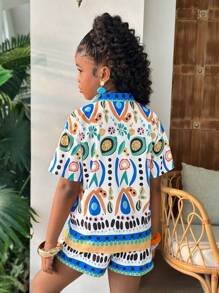 SHEIN Tween Girls Tropical Print Loose Cardigan & Shorts 2 Pieces Set, Suitable For Travel, Vacation, Beach - Multicolor - View 2