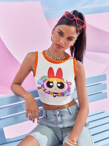 THE POWERPUFF GIRLS X SHEIN Áo ba lỗ cổ tròn cắt ngắn họa tiết hoa tương phản - trắng - Xem 7