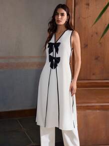 ZEYLAH Kontrastfarbige Blockbogen-Dekor Seitenschlitz Extra Lange Bluse Top, Sommer