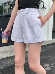 SHEIN EZwear 女士口袋褶皱宽松休闲牛仔短裤 - 白色 - 查看 1