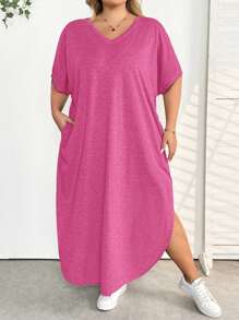 SHEIN CURVE+ Plus Size Women's Spring/Summer New Fashion Commuter Casual Pocket Design Split Robe, Summer Dresses - Hot Pink - View 4