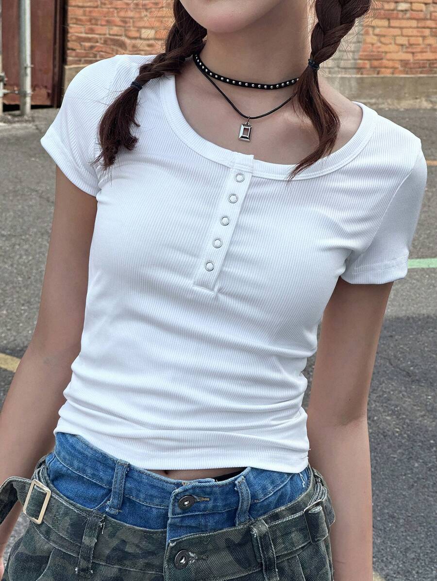 Dazy Kids Teen Girl Slim Fit Solid Color Short Sleeve T-Shirt, Summer, Back To School - White - View 1