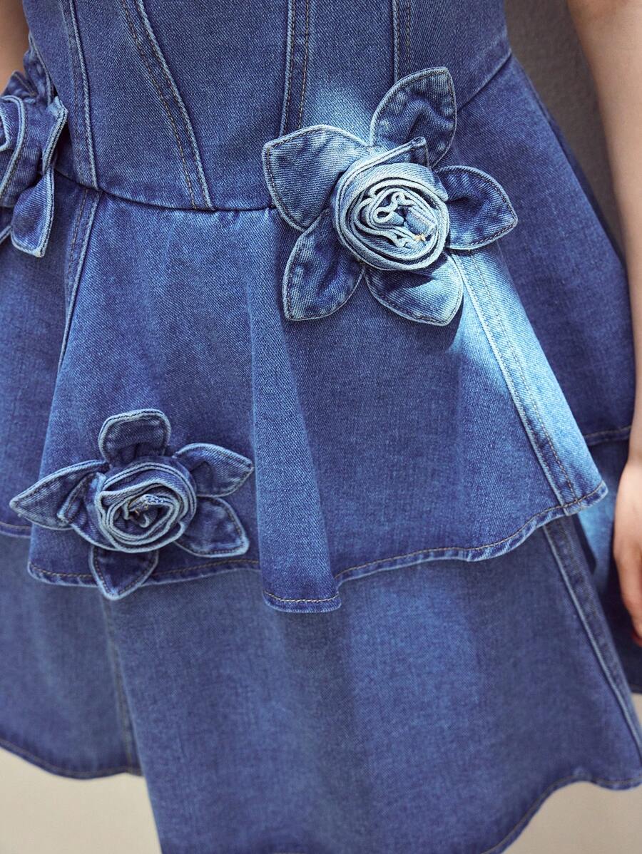 MOTF STUDIO 立体花卉水洗牛仔连衣裙 - 中等水洗藍 - 查看 2