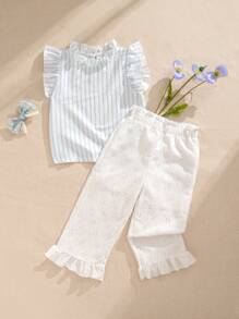 SHEIN 2 piezas Conjunto de niña bebé con top a rayas con volantes retro y pantalones largos con estampado floral calado, conjunto de ropa diaria linda, ropa de verano para niñas pequeñas, conjuntos de ropa para niñas pequeñas, conjuntos de ropa de verano para niñas - Multicolor - Ver 5