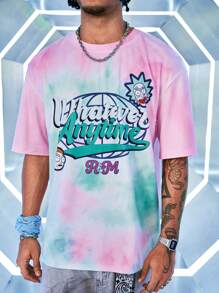 Rick and Morty X SHEIN Tie-Dye And Letter Graphic Round Neck Short Sleeve T-Shirt, Summer