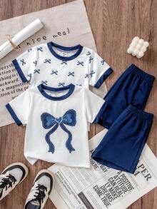 SHEIN Conjunto de 4 piezas de top de manga corta y pantalones cortos con patrón de moño para niñas bebés, de verano - Multicolor - Ver 4
