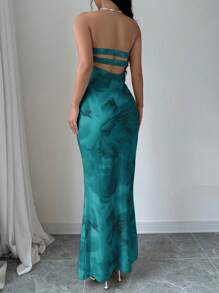 Elenzga 优雅花卉印花露背美人鱼露肩连衣裙，适合夏季长款女装