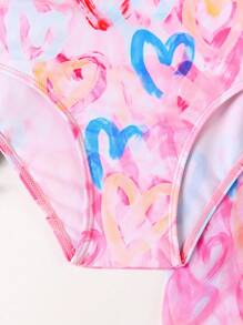 SHEIN 女童连体泳衣，心形印花图案，网眼，时尚两件套 - 淺粉色 - 查看 4