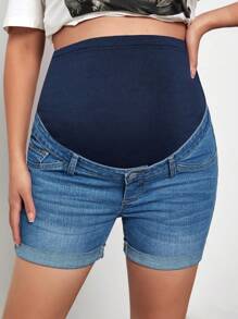 SHEIN Maternity Contrast High Waist Cuffed Hem Denim Shorts