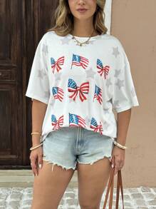 SHEIN LUNE Camiseta de manga corta de talla grande con impresión de bandera, lazo y estrella de los Estados Unidos de América para el Día de la Independencia, verano - Blanco - Ver 6