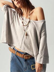 Bohemela 纯色针织V领短袖宽松水洗大码T恤