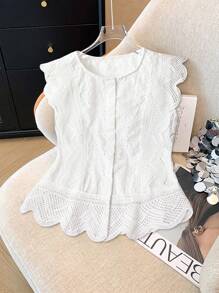 Franclia French Style Round Neck Lace Hollow Floral Trim Solid Color Blouse, Spring/Summer