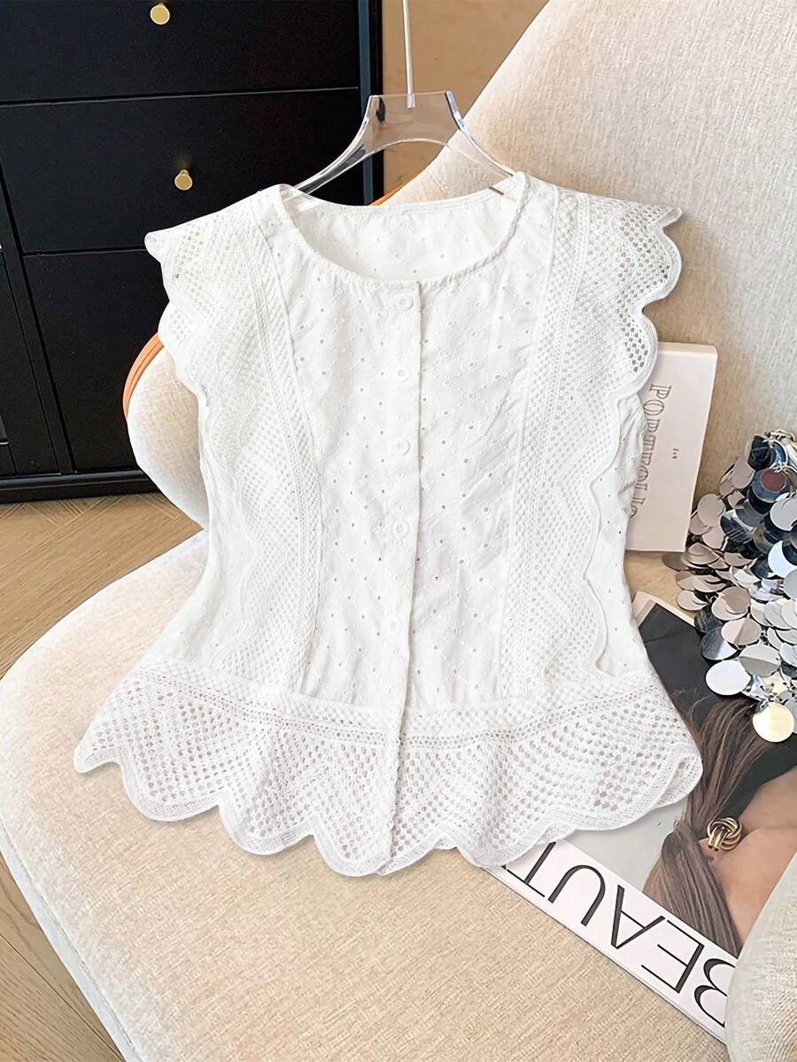 Franclia French Style Round Neck Lace Hollow Floral Trim Solid Color Blouse, Spring/Summer