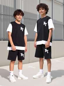 Vacaura Teen Boy Color Block Letter Printed Short Sleeve T-Shirt And Shorts 2pcs Set - Black and White - View 7