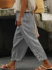 EMERY ROSE Pantalones de lino de talla grande con adorno bordado de flores - Gris - Ver 1