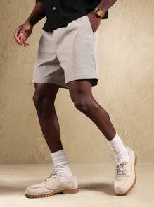 SUMWON 经典夏季松紧腰短裤舒适休闲沙滩散步休闲轻便度假装 - 卡其色 - 查看 5