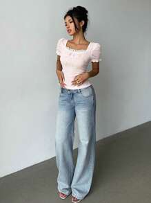 Elenzga 方领纹理蕾丝拼布蝴蝶结优雅甜美女士 T 恤，派对和节日风格/可爱夏季上衣/节日服装/夏季服装/系带前襟/荷叶边/蕾丝 - 淺粉色 - 查看 5