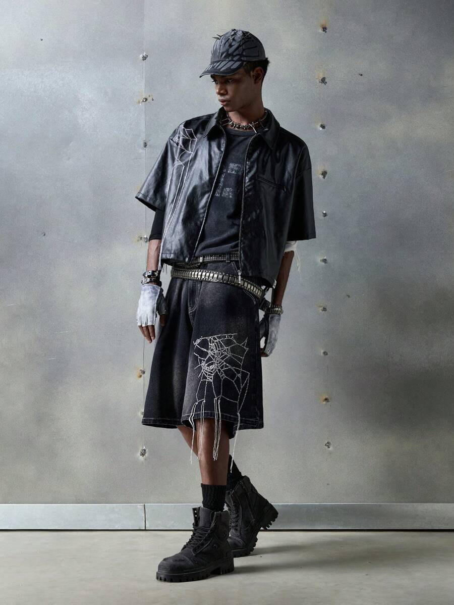 NEON BLANC Men's Streetwear Woven Spider Embroidered Denim Shorts - Black - View 1