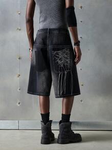 NEON BLANC Men's Streetwear Woven Spider Embroidered Denim Shorts - Black - View 4