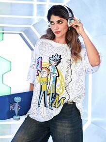 Rick and Morty X SHEIN Áo thun tay ngắn cổ tròn họa tiết hoạt hình cỡ lớn, mùa hè - Nhiều màu - Xem 7
