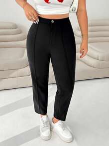 SHEIN EZwear 女士大碼休閒純色9/10長度緊身褲 - 黑色 - 查看 4