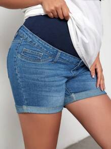 SHEIN Maternity Contrast High Waist Cuffed Hem Denim Shorts