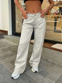 EURMUSE 100% Cotton LOW RISE WIDELEG CUT WHITE JEAN - Beige - View 6