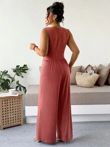 Flirla Plus Size Women Elegant Sleeveless V-Neck Criss-Cross Waist Casual Jumpsuit - Red - View 2