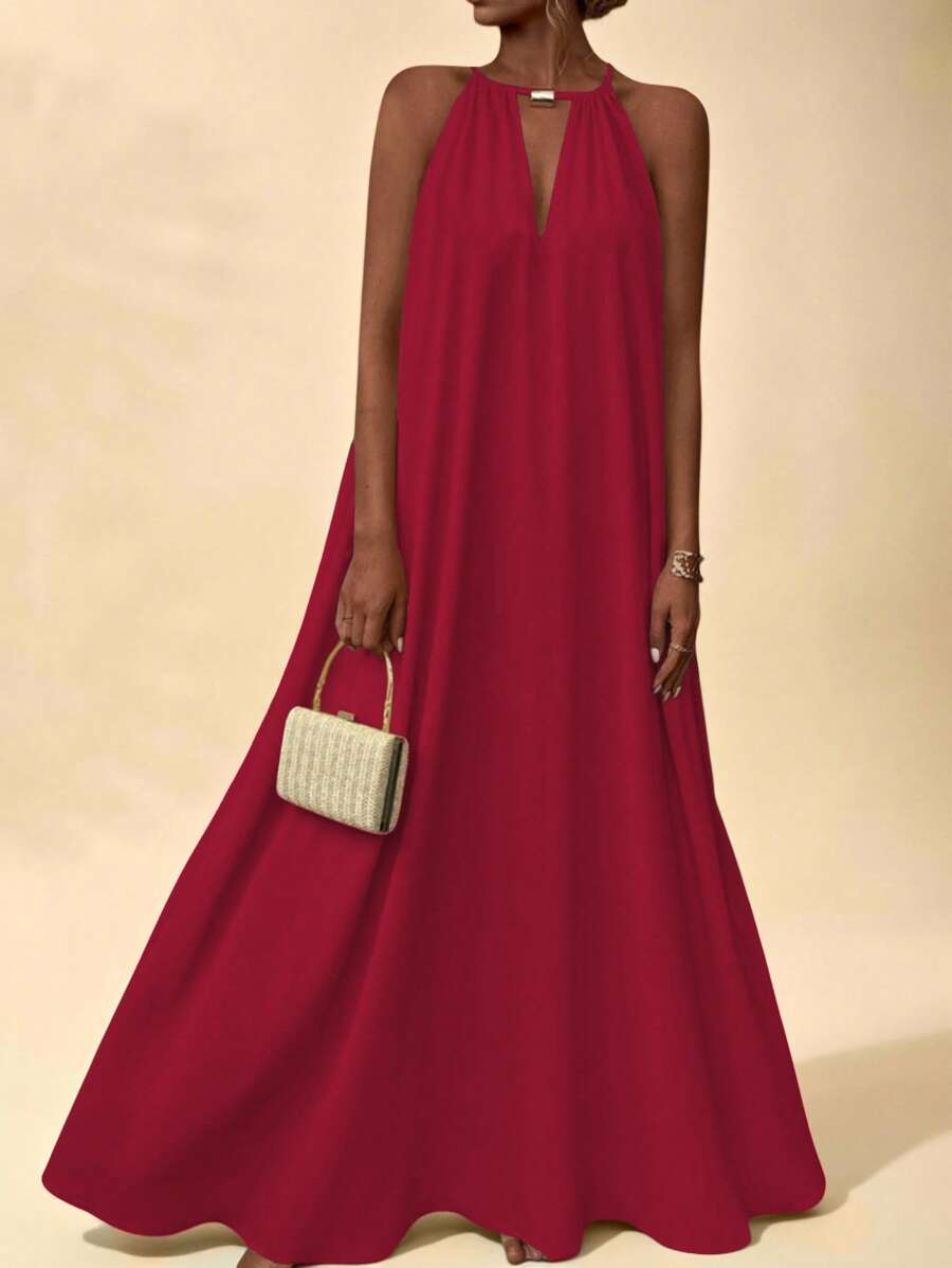 Vesra Robe longue maxi élégante pour femmes, couleur unie, col ras-du-cou, style balançoire, pour l'été, vacances, plage, couleur bordeaux - Rouge foncé - Voir 1
