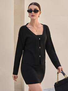 CLARA VERO Chic V-Neck Long Sleeve Front Clasp Detail Bodycon Sweater Dress,Loungewear Set,Petite,Winter Clothes,Two Piece Set Women - Black - View 3
