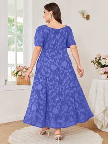 Modelyn Vestido midi de línea A con cuello cuadrado, manga corta y chifón jacquard elegante para tallas grandes, para primavera/verano - Azul - Ver 2