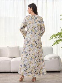 SHEIN Najma 女士花卉印花、钩针拼布、长袖连衣裙、端庄优雅的 A 字形卡夫坦和 Jalabiya 连衣裙，适合晚会/婚礼嘉宾/周年纪念/日常穿着 - 彩色 - 查看 2
