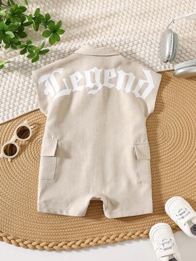 SHEIN Baby Boy/Girl Letter Print Soft Knitted Polo Collar Short Sleeve Romper & Shorts Set