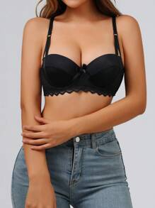 SHEIN 女士蕾丝拼接无衬里文胸 - 黑色 - 查看 3
