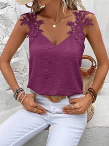 SHEIN Frenchy Áo ba lỗ ren trơn màu giản dị cho kỳ nghỉ - Màu đỏ tím - Xem 5