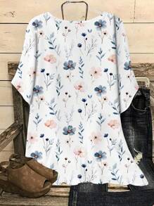 EMERY ROSE Plus Size Floral Print Casual Loose Round Neck Short Sleeve Shirt, Suitable For Summer Chic Blouses For Women - Blue and White - View 2