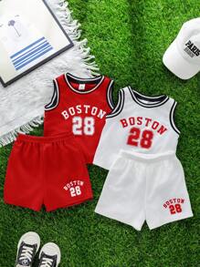 SHEIN Set de 4 piezas de ropa de verano informal para niño bebé que incluye camiseta de baloncesto con estampado y shorts