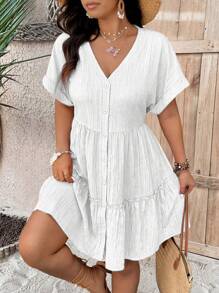 Breezaya Plus Size V-Neck Textured Drop Shoulder Ruffled A-Line Midi Dress Women Plus Sun Dress Women Short Dresses Summer Women Summer Clothing Women S White Dress Work Summer Dresses