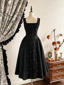 Vintamour Váy nữ thanh lịch cổ điển, váy ba lỗ chắp vá bằng vải jacquard có viền ô, màu trắng, mùa xuân/hè - màu đen - Xem 2
