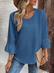 EMERY ROSE Women's Plain Round Neck Raglan Casual Summer Textured Blouse