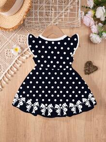 SHEIN Söt prickig klänning med rosett och långärmad tryck för babyflicka, lämplig för höst/vinter, rosett, prinsesschic, familjeutflykter, enkel komfort, uppskattad liten glädje, elegant outfit, babyns nödvändigheter, avkopplande semester, koreansk stil - Multifärgad - Visa 7