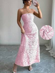 Chiquease 女士优雅蕾丝网纱抹胸连衣裙 - 粉色 - 查看 1