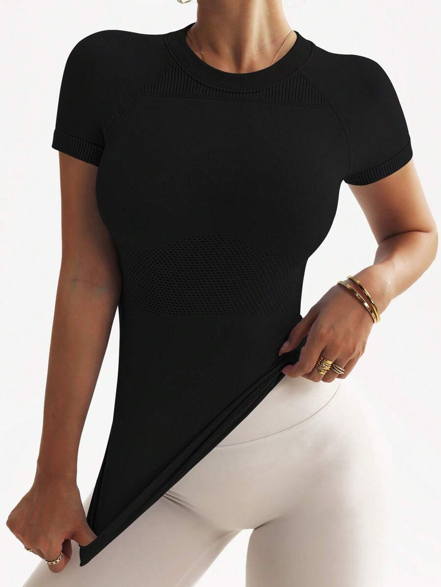 Easithlete Women Solid Color Casual Round Neck Short Sleeve Activewear T-Shirt Compression Shirt Fitted Shirt - Black - View 1