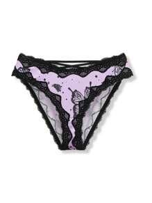 甜美可爱 Y2K 蕾丝花朵交叉后背舒适蝴蝶印花内裤，薰衣草紫和黑色，少女内裤 - 淡紫色 - 查看 2