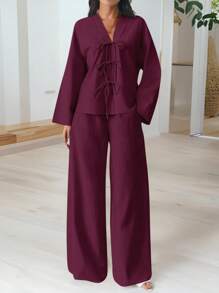 Firerie Plus Size Elegant Business Casual Two Pieces Set: Loose Tie-Front Blouse & High-Waist Relaxed Fit Pants, Suitable For Commute, Work, Afternoon Tea, Dates, Concerts, Parties, Vacation,Business Casual Woman