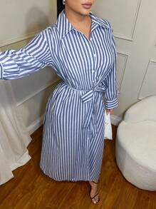 SHEIN SXY Blue And White Striped Long Sleeve Shirt Style Cinched Waist A-Line Dress For Women, Work/Casual Wear, Spring & Summer - Blue and White - View 3