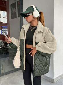 EURMUSE Women Padded Coat With Teddy Bear Fabric Patchwork, Diamond Shape Stitch Line - Army Green - View 5