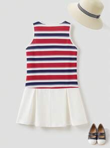 Joliand Joliand 1 pieza Vestido sin mangas a rayas rojo, blanco y azul, elegante y urbano clásico, para niñas preadolescentes, apto para salida, fiesta, playa, verano
